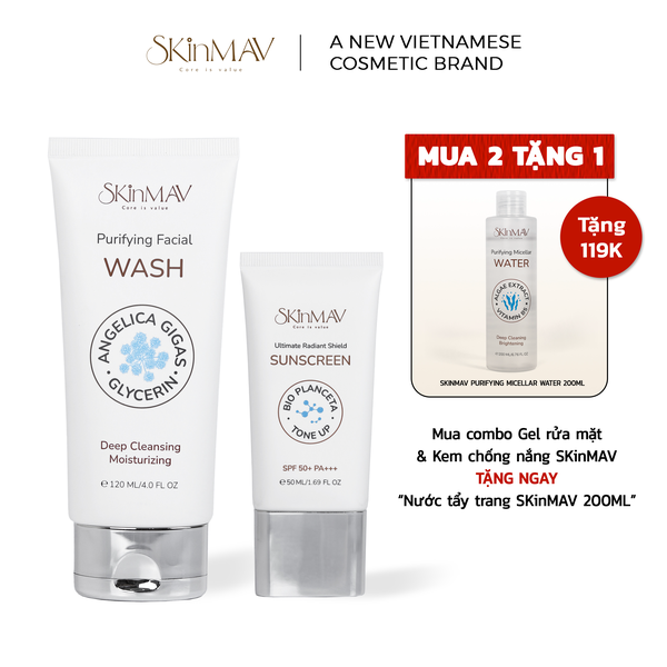 COMBO 1 GEL RỬA MẶT + 1 KEM CHỐNG NẮNG SKINMAV TẶNG 1 NƯỚC TẨY TRANG SKINMAV
